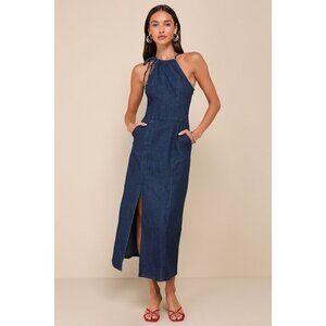 Lulus Chicest Era Dark Wash Denim Halter Midi Dress With Pockets Blue - Size L